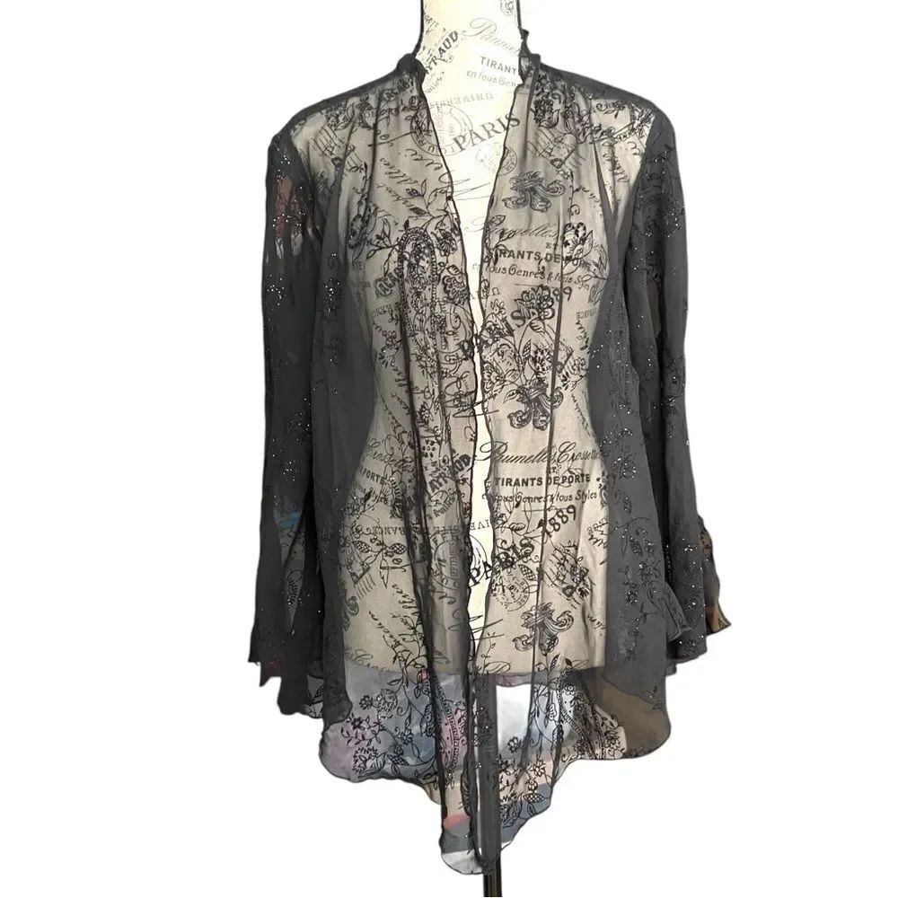 Elegant Black Sheer Floral Lace Front Open Blazer Cardigan in One Size